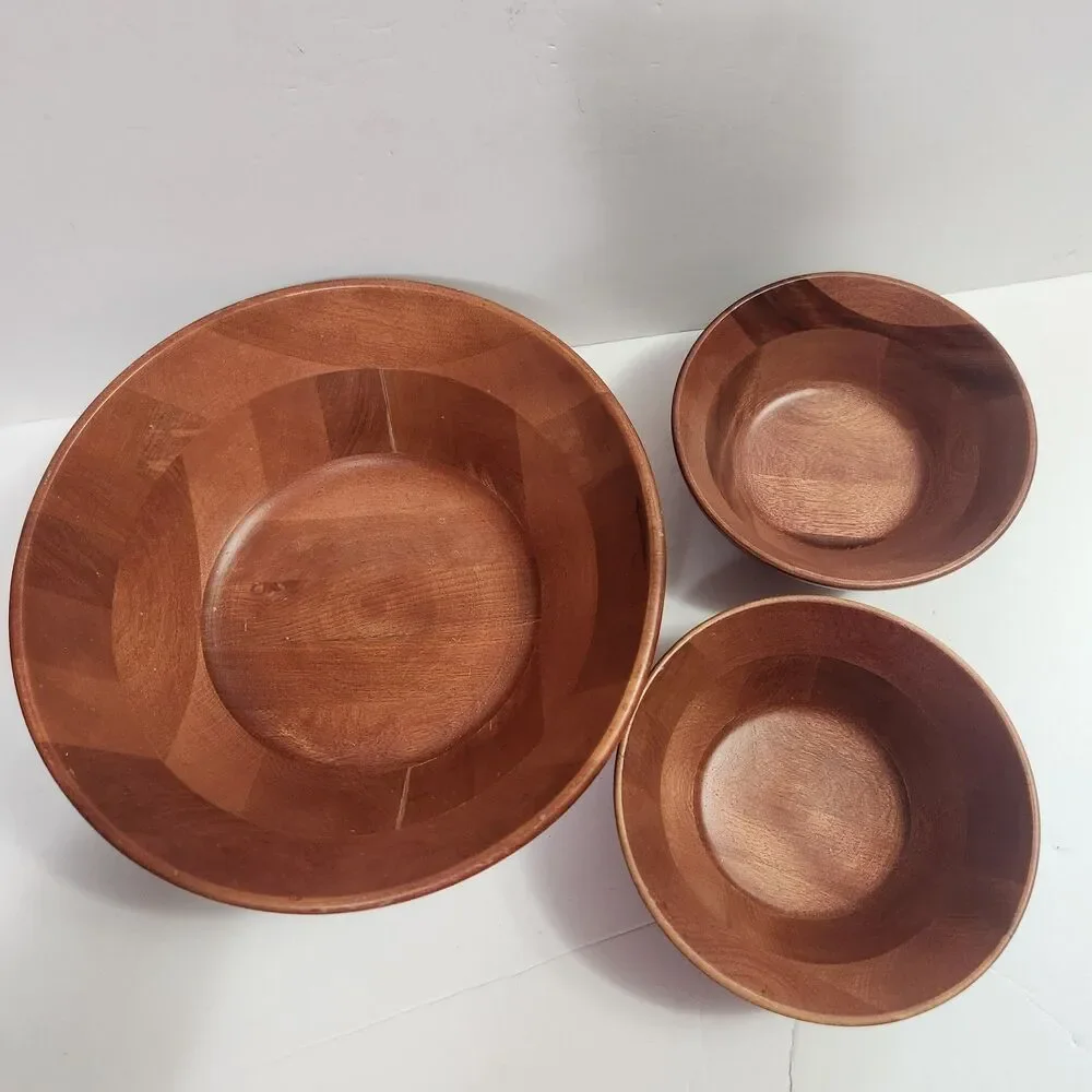 Vintage Wooden Teak Salad Bowls 3 Piece Set ( 1)-9.5